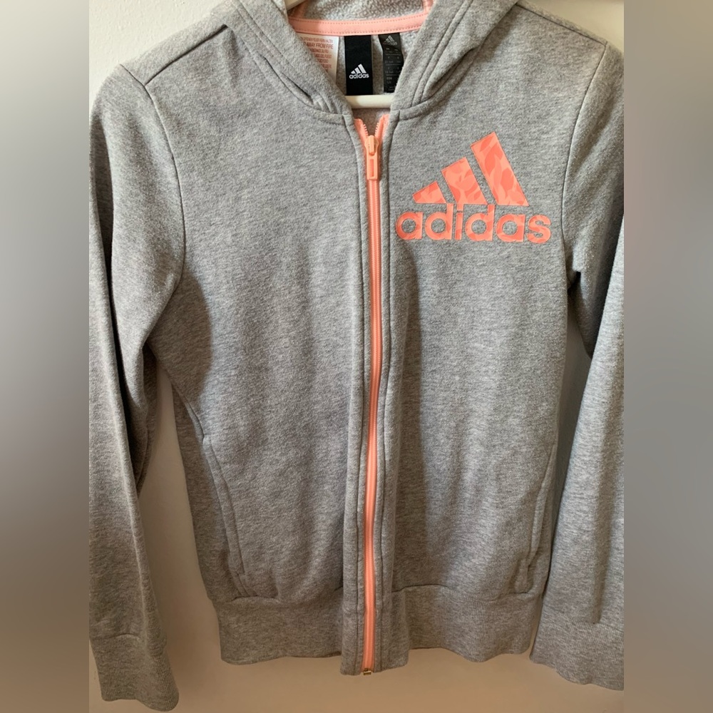 Grey and pink original adidas jacket (13-14 yrs)
